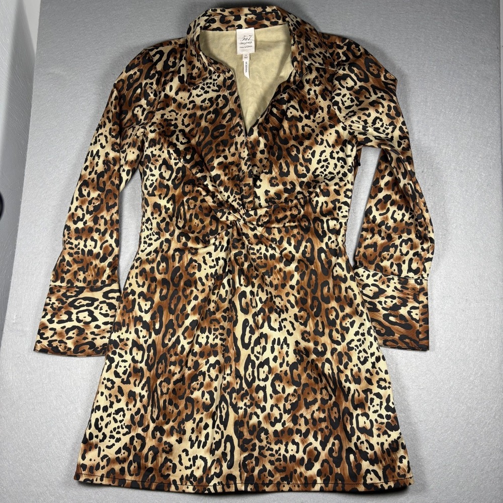 Cinq a Sept McKenna Leopard Print Denim Mini Dress Front Twist Long Sleeve Sz 8